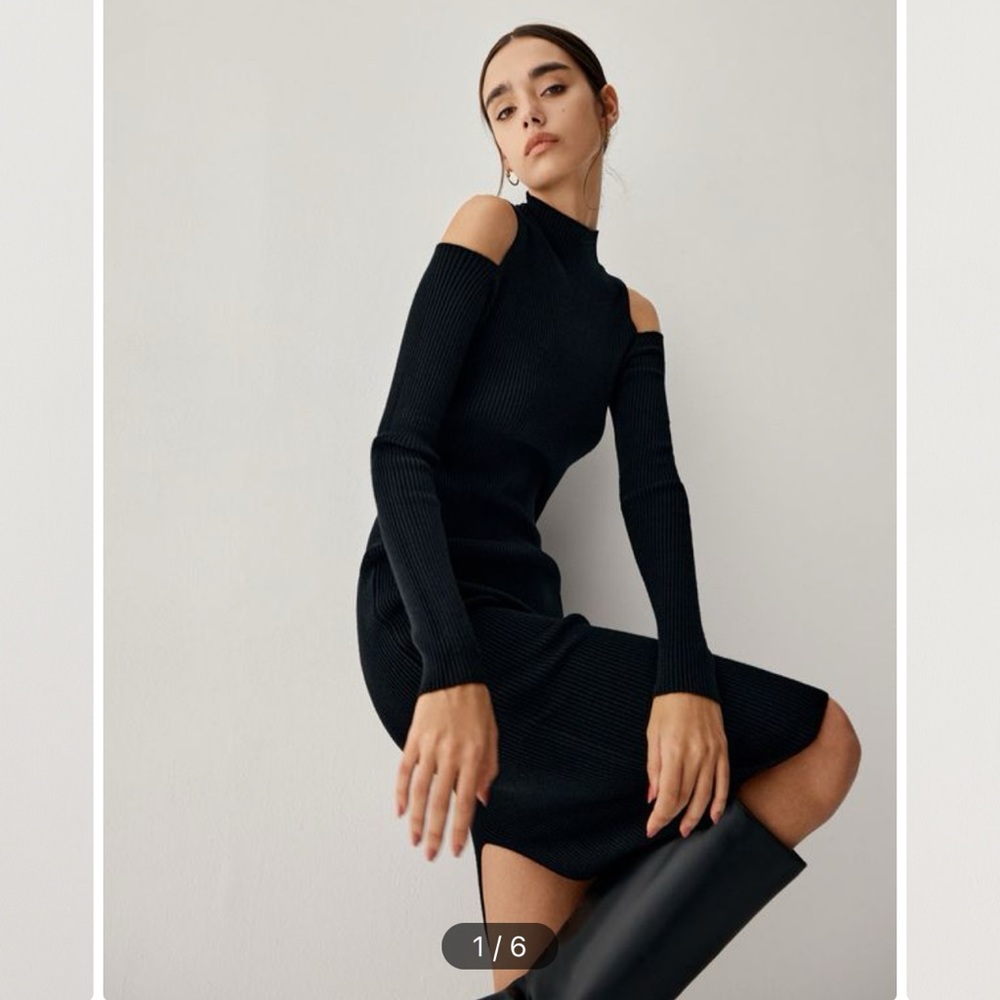 NWT - COMMENSE Black Mock Neck Cold Shoulder Midi Sweater Dress